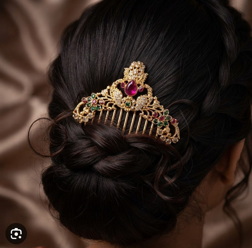 Antique Gold Peacock Floral Ruby & Emerald Bridal Hair Comb