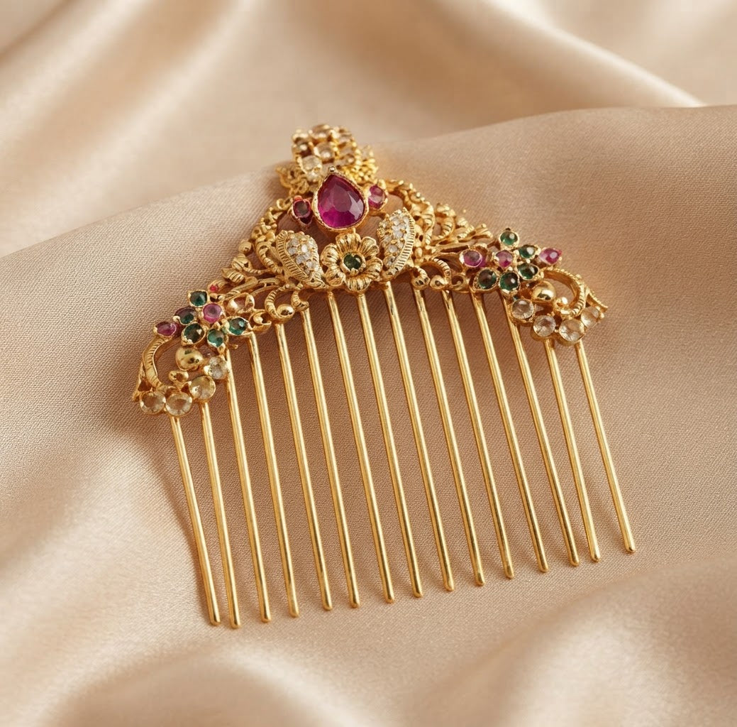 Antique Gold Peacock Floral Ruby & Emerald Bridal Hair Comb