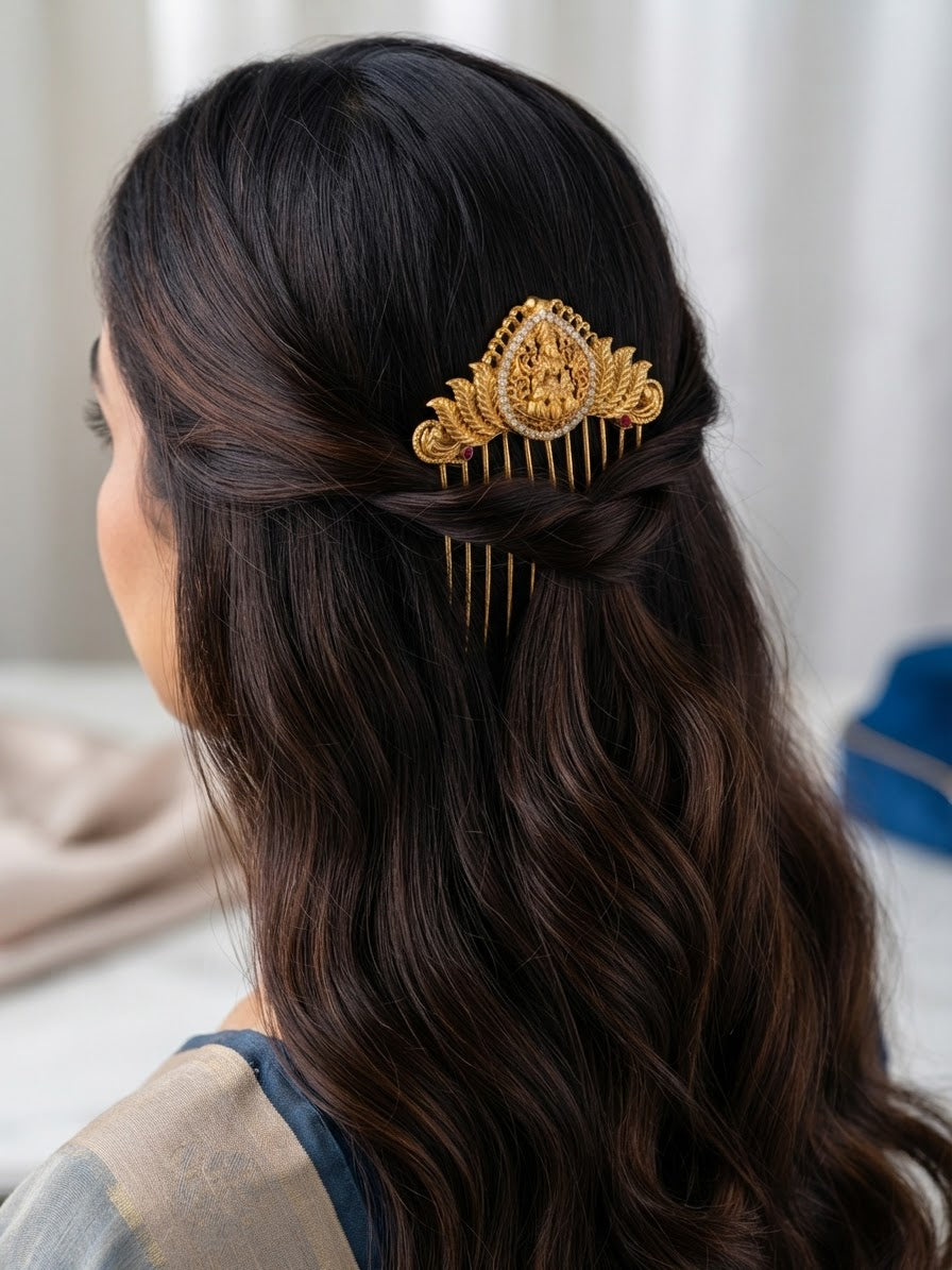 Antique Gold Lakshmi Motif Bridal Hair Comb