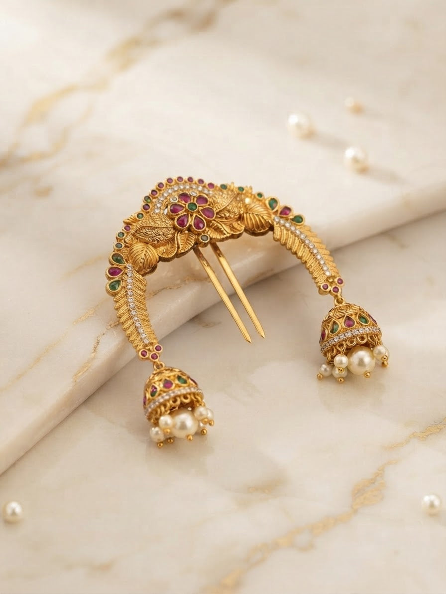 Antique Gold Floral Ruby & Emerald Arch Hair Pin with Jhumkas