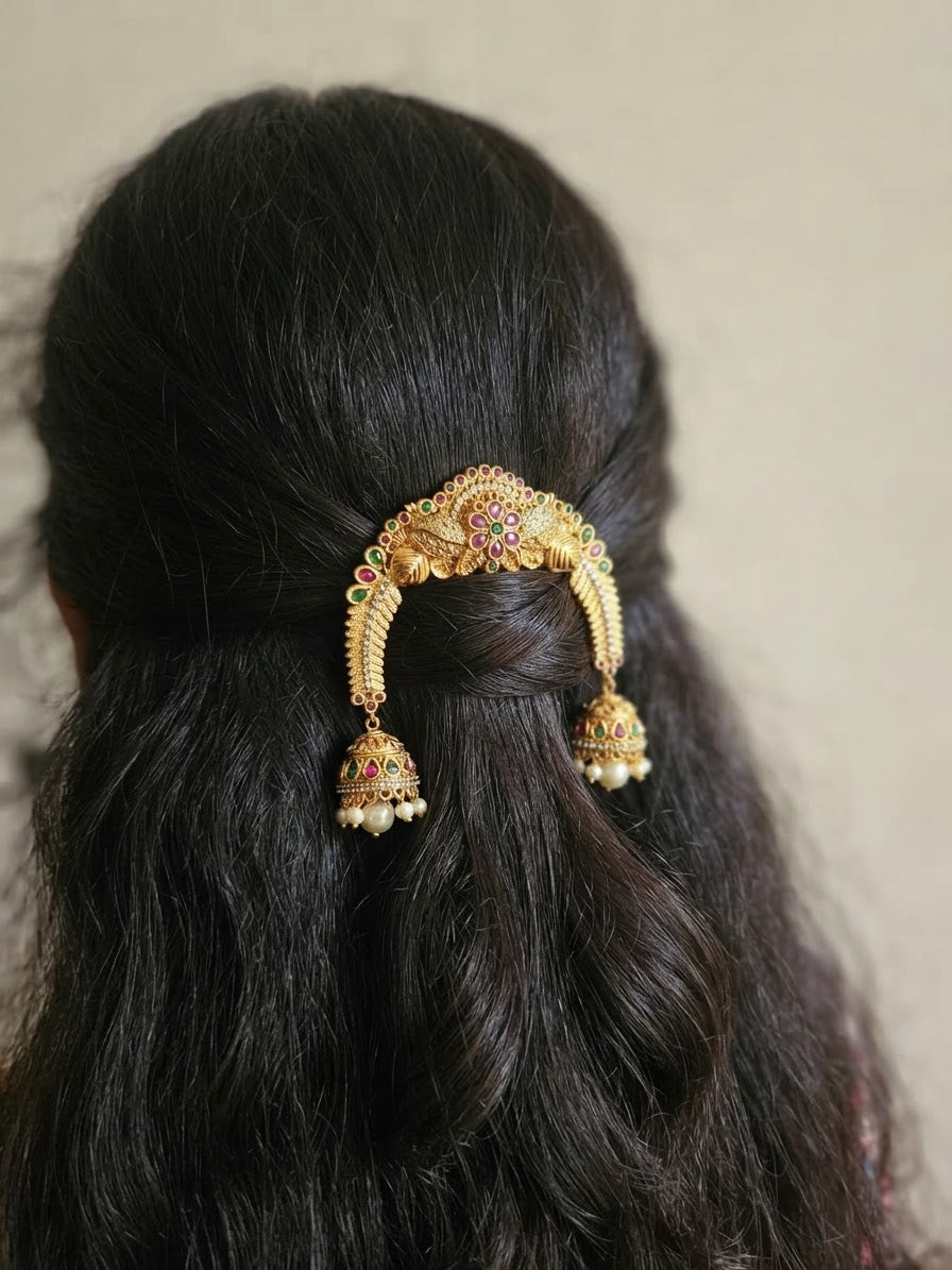 Antique Gold Floral Ruby & Emerald Arch Hair Pin with Jhumkas