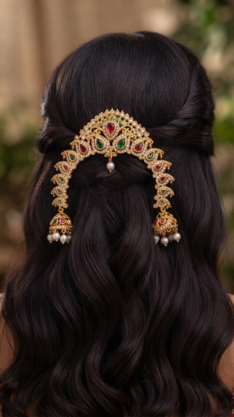 Gold Paisley Motif Ruby & Emerald Arch Hair Pin with Jhumkas