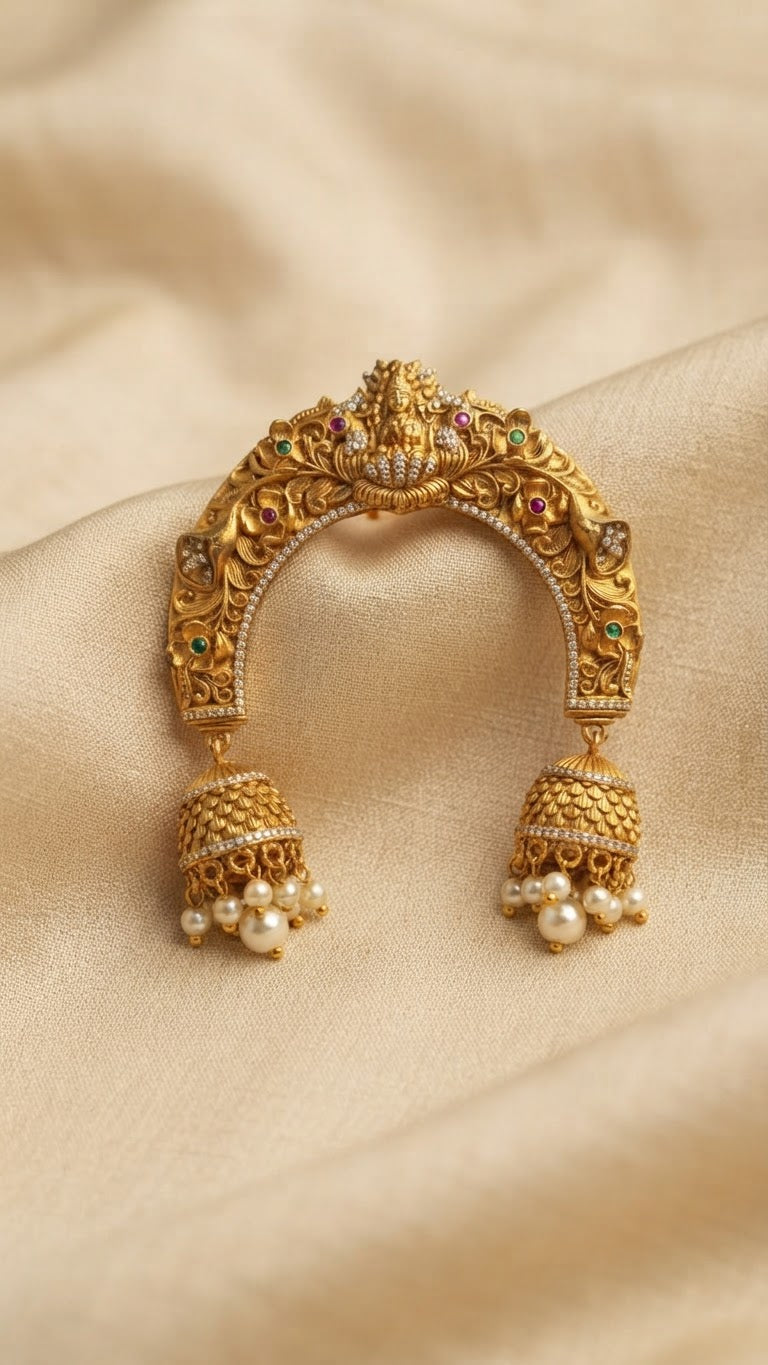Antique Gold Temple Motif Arch Hair Pin with Jhumkas