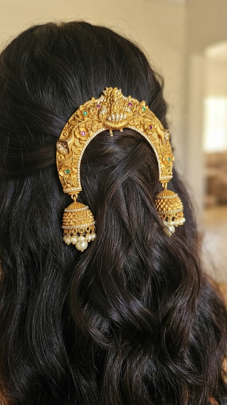 Antique Gold Temple Motif Arch Hair Pin with Jhumkas