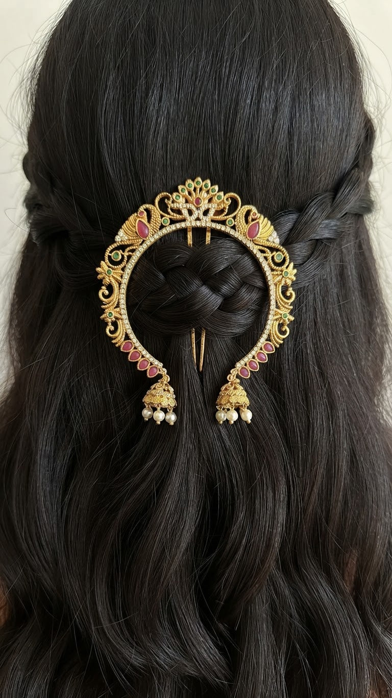 Gold Arch Ruby & Emerald Hair Pin with Jhumkas