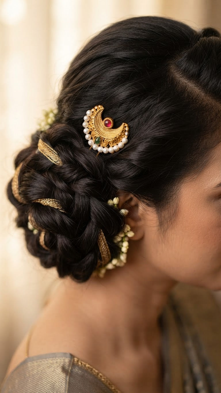 Gold Crescent Ruby & Pearl Hair Pins (Set of 2)