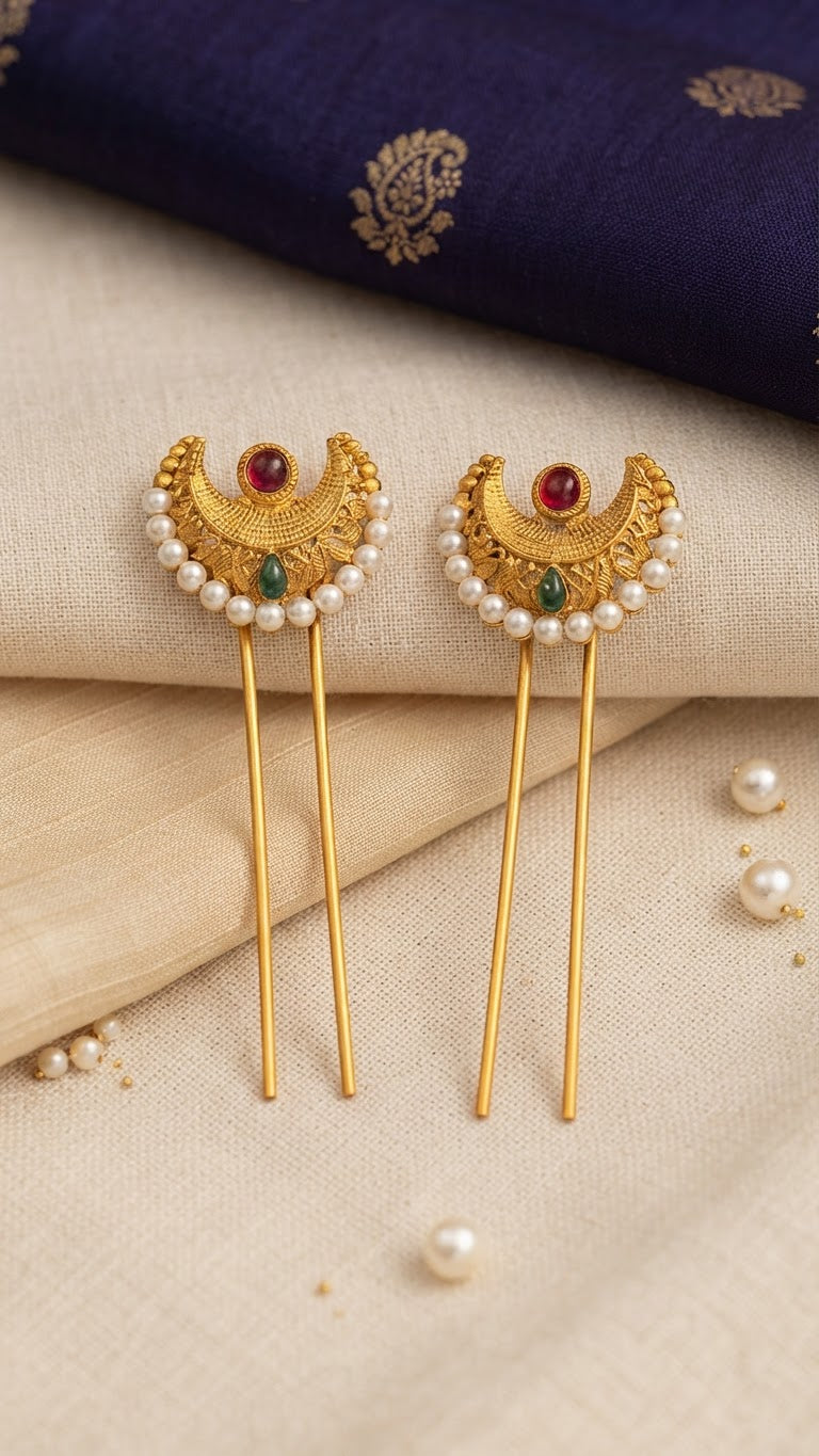 Gold Crescent Ruby & Pearl Hair Pins (Set of 2)