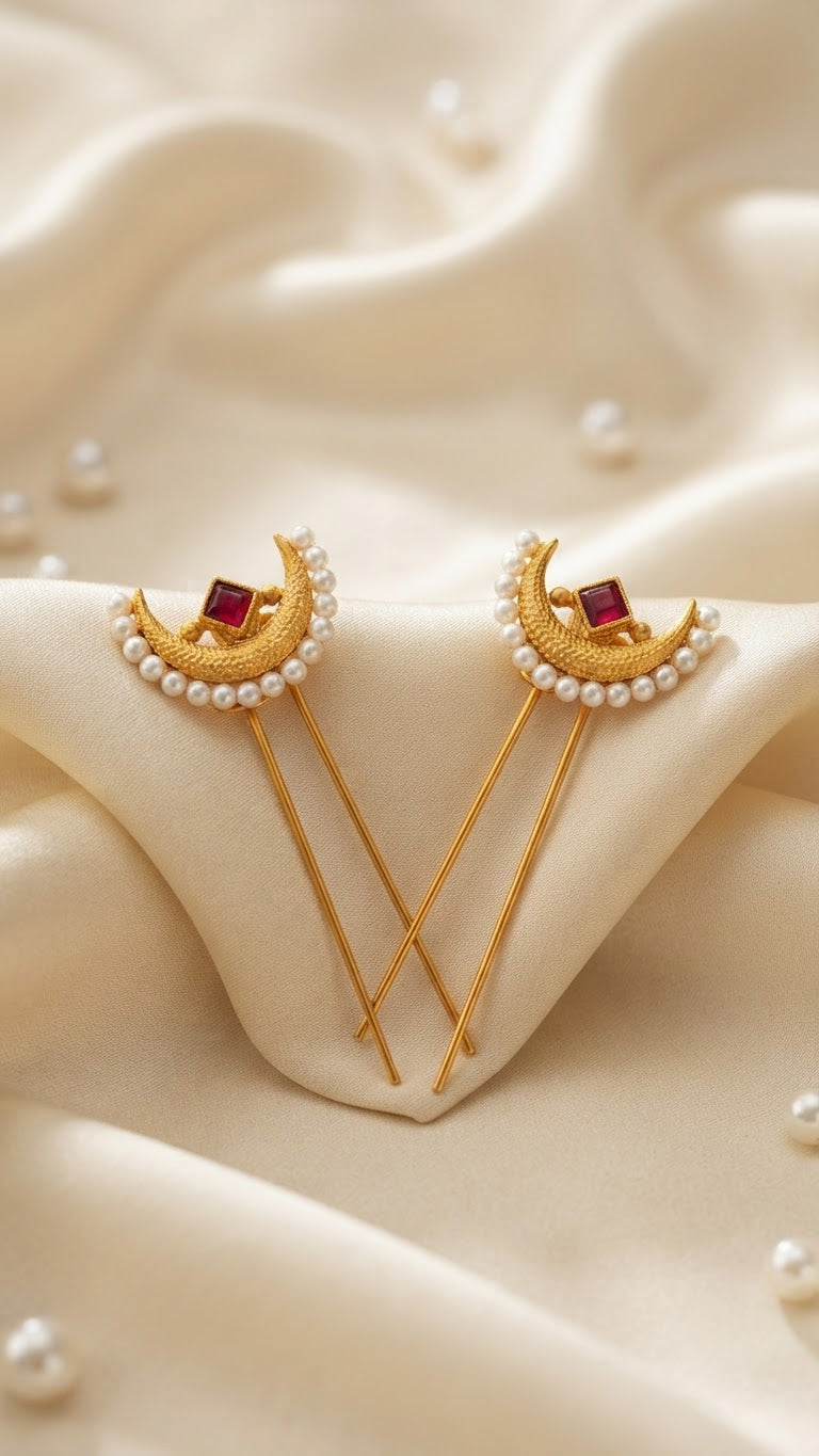 Gold Crescent Ruby & Pearl Hair Pins (Set of 2)