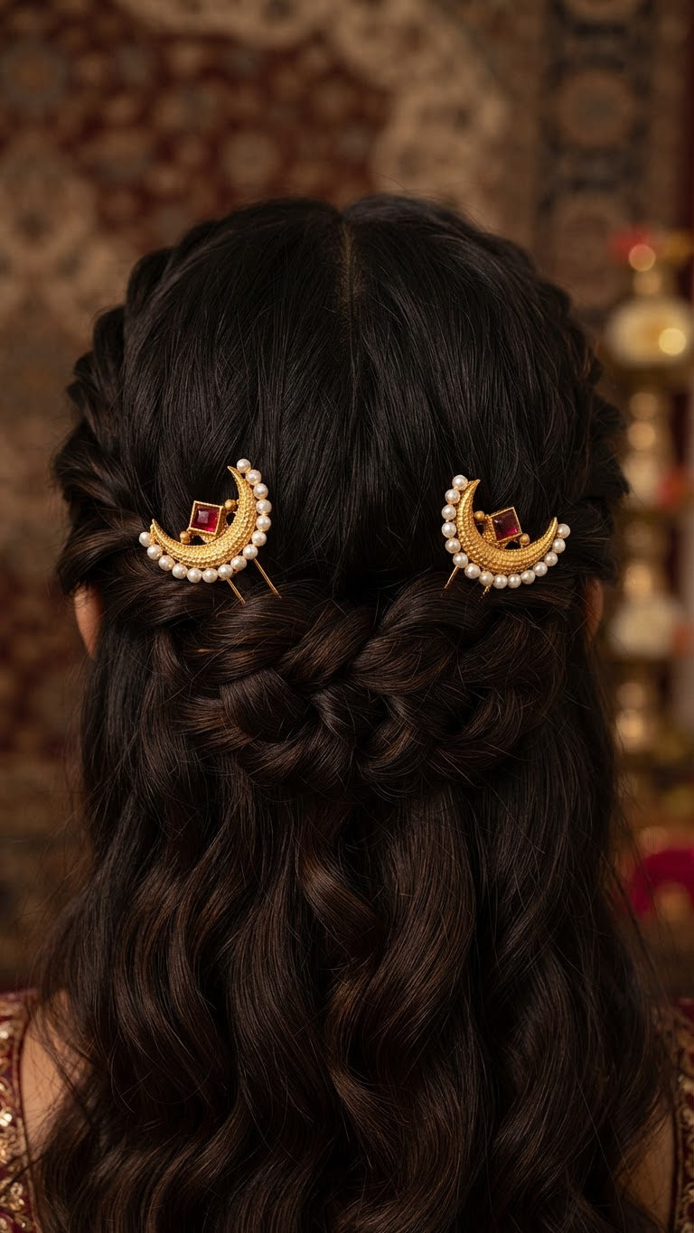 Gold Crescent Ruby & Pearl Hair Pins (Set of 2)