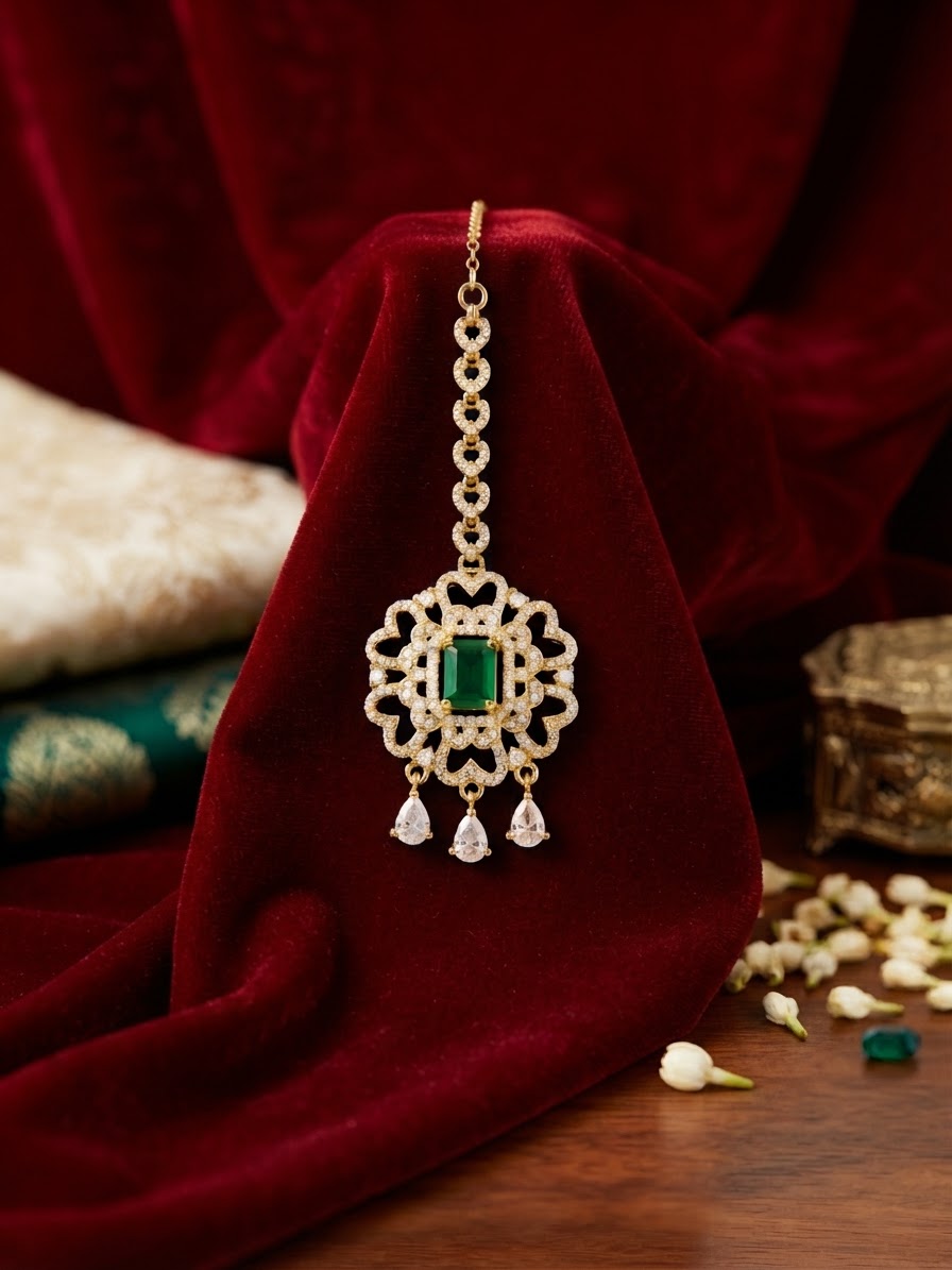 Elegant CZ & Rectangular Gemstone Floral Maang Tikka