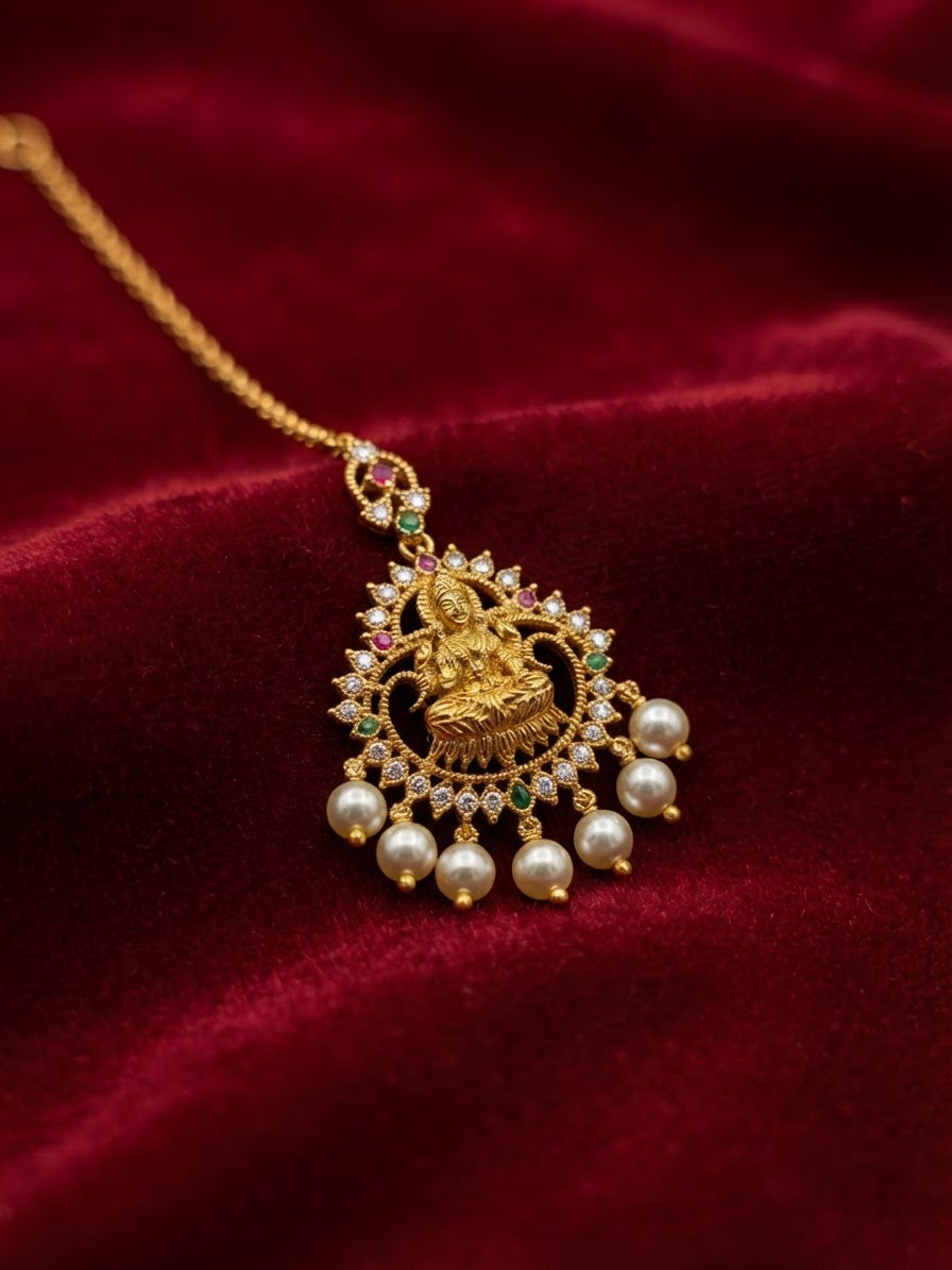 Divine Lakshmi Temple Gold Maang Tikka with Pearls