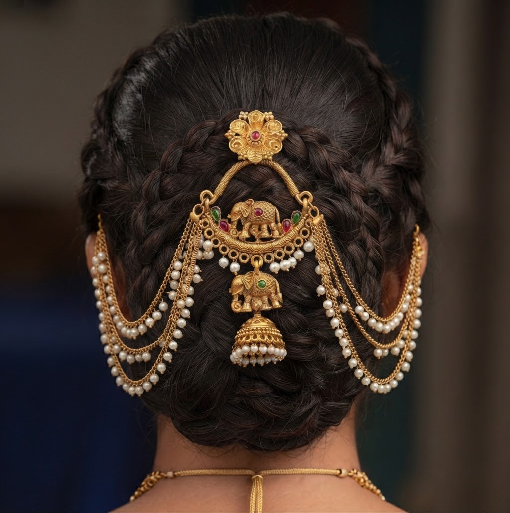 Antique Gold Elephant Motif Matha Patti with Jhumka