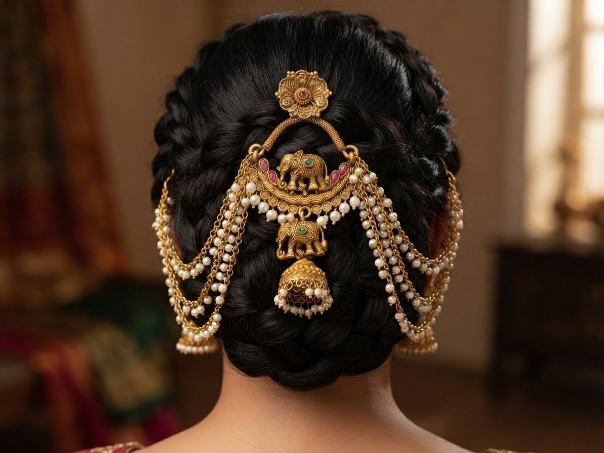 Antique Gold Elephant Motif Matha Patti with Jhumka