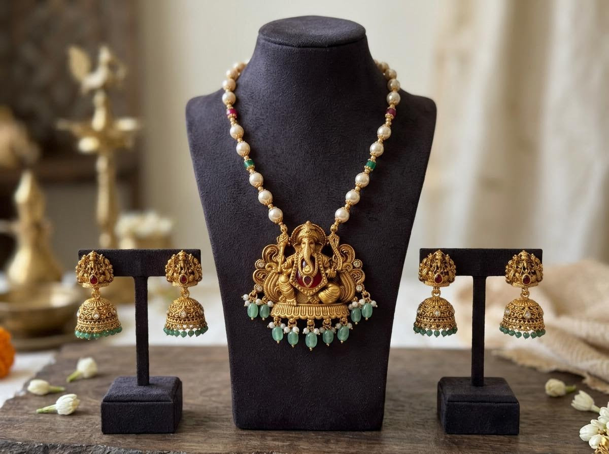 Divine Ganesha Antique Pearl Long Haaram Set