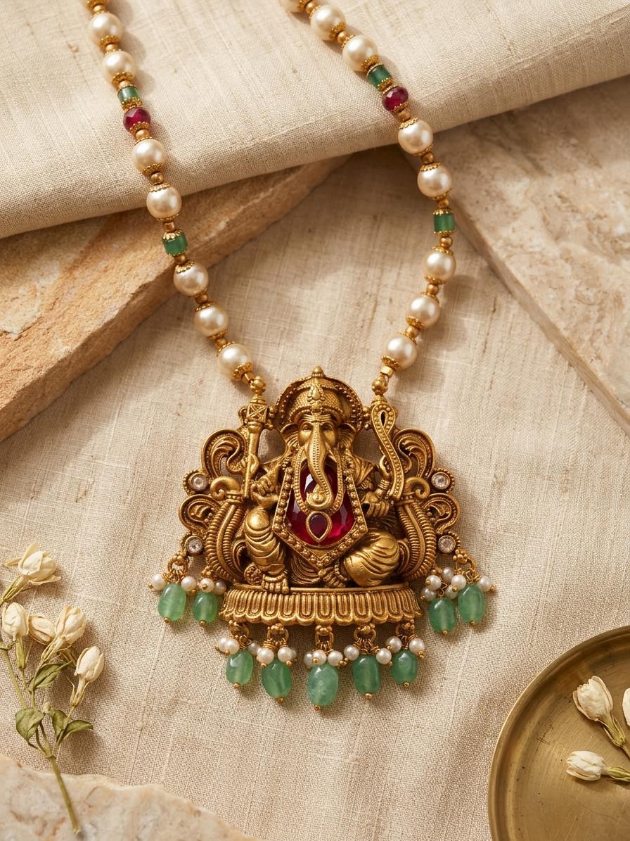Divine Ganesha Antique Pearl Long Haaram Set