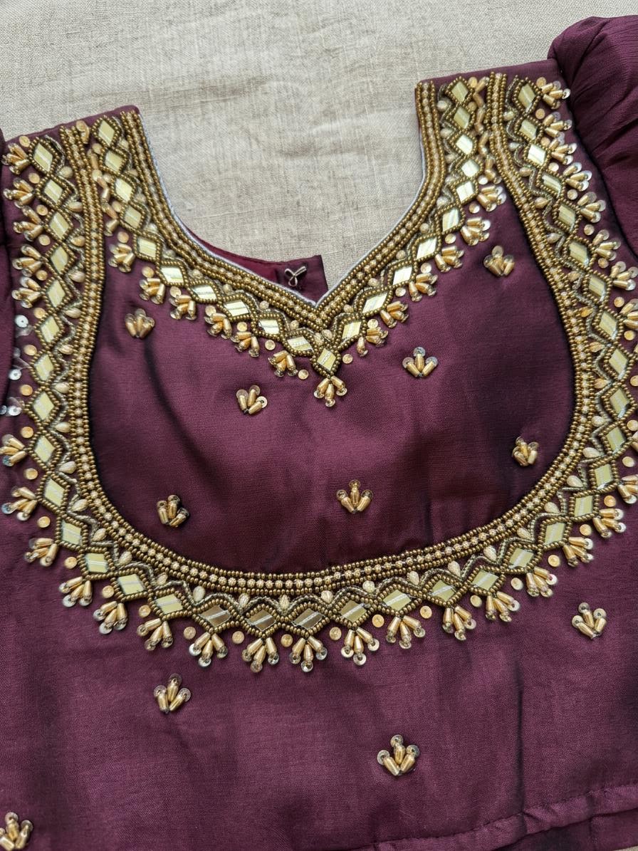 Royal Maroon & Cream Brocade Aari Work Girls Lehenga Choli Set