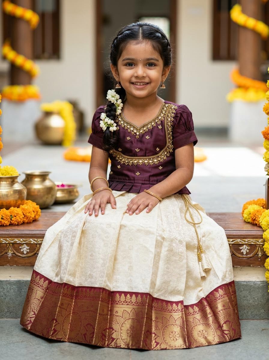 Royal Maroon & Cream Brocade Aari Work Girls Lehenga Choli Set