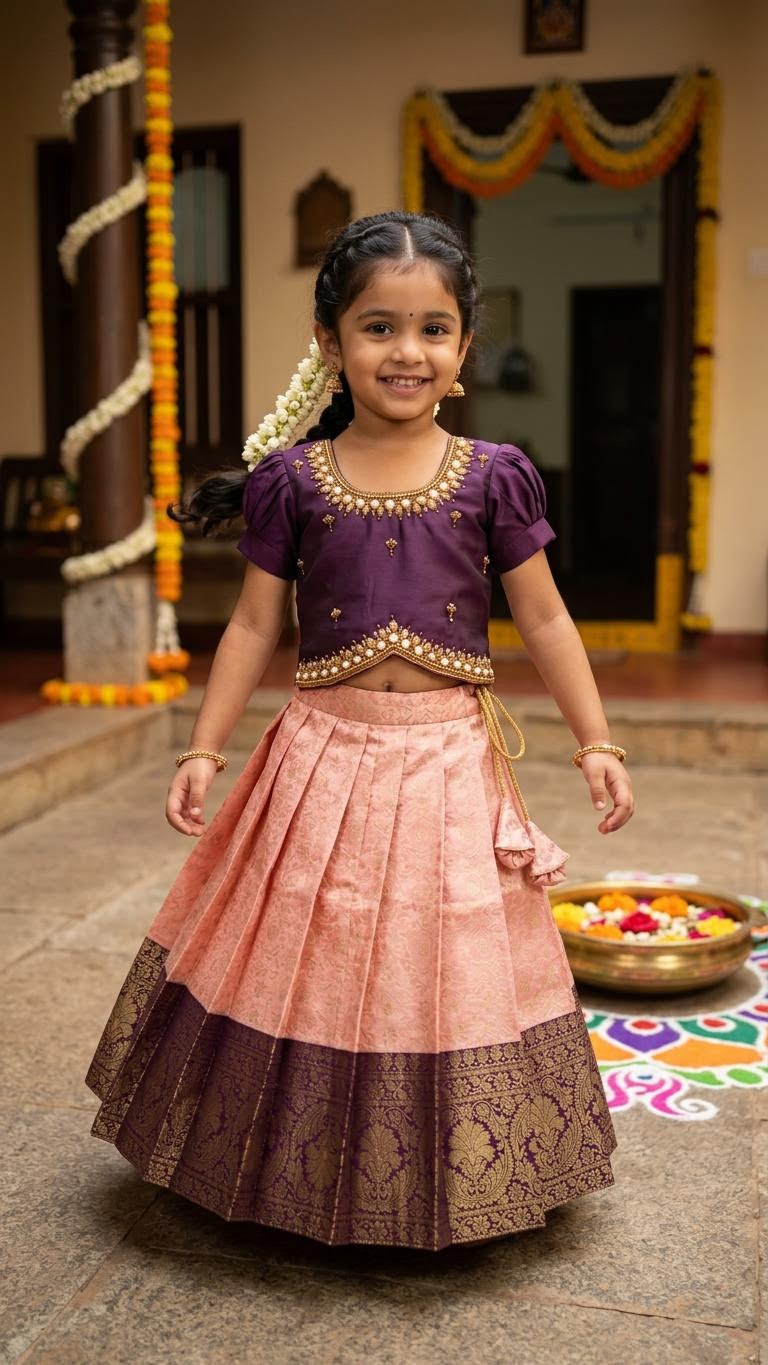 Wine & Blush Pink Kids Lehenga Choli with Aari Work