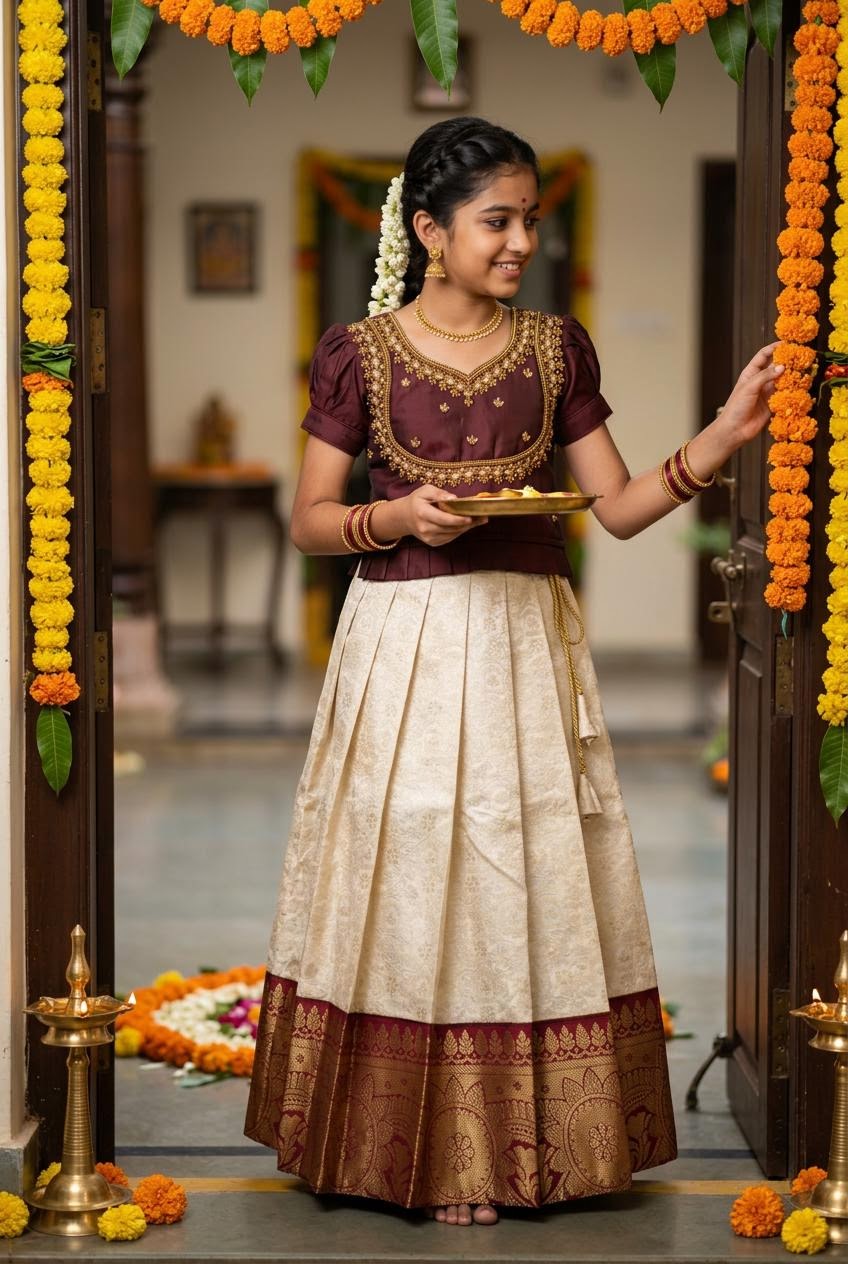 Royal Maroon & Cream Brocade Aari Work Girls Lehenga Choli Set