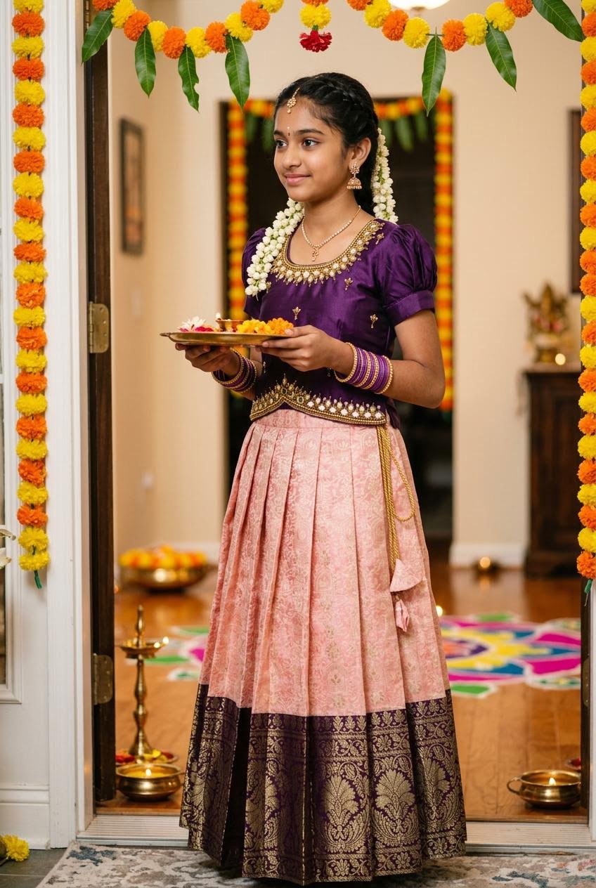 Wine & Blush Pink Kids Lehenga Choli with Aari Work
