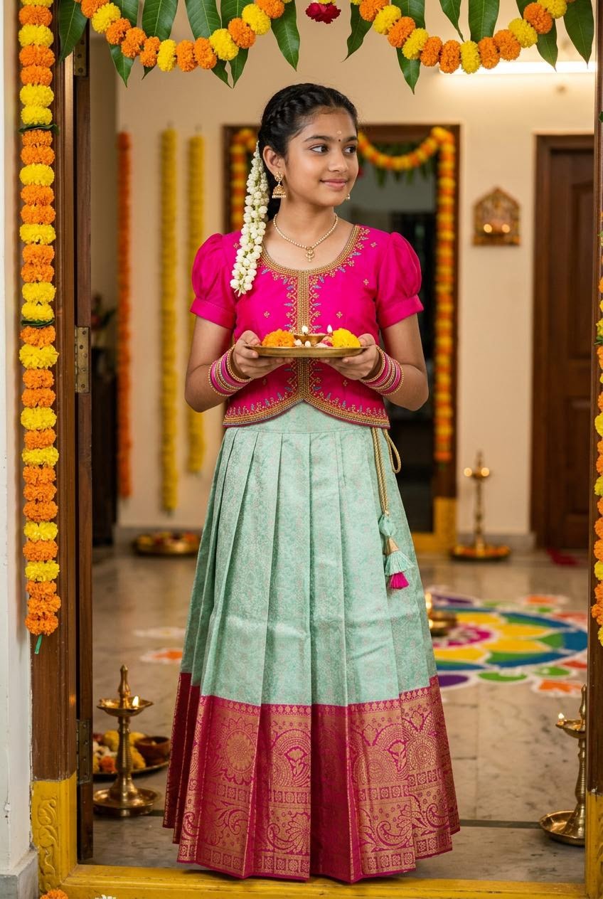 Rani Pink & Mint Green Brocade Lehenga Choli for Girls