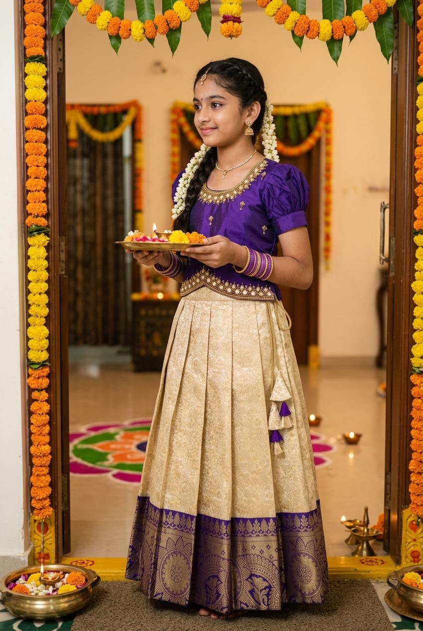 Purple & Cream Kids Lehenga Choli with Aari Work