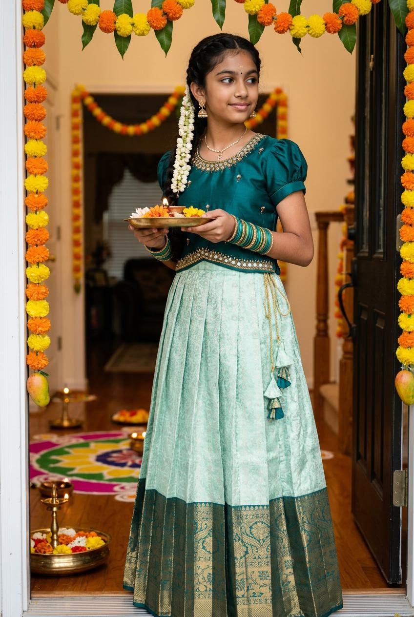 Emerald Teal & Mint Green Aari Work Lehenga Choli for Girls
