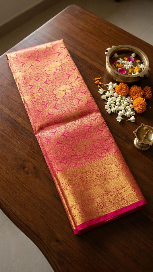 Hot Pink Heavy Brocade Silk Mark Certified Kanchipuram Saree (blouse lining included)
