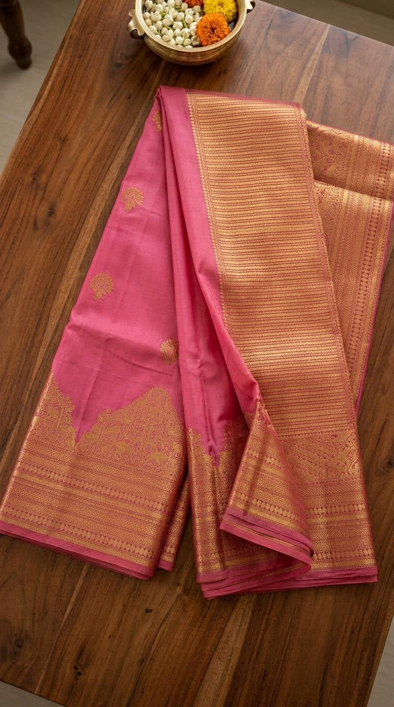 Vibrant Pink Silk Mark Certified Kanchipuram Saree (blouse lining included)