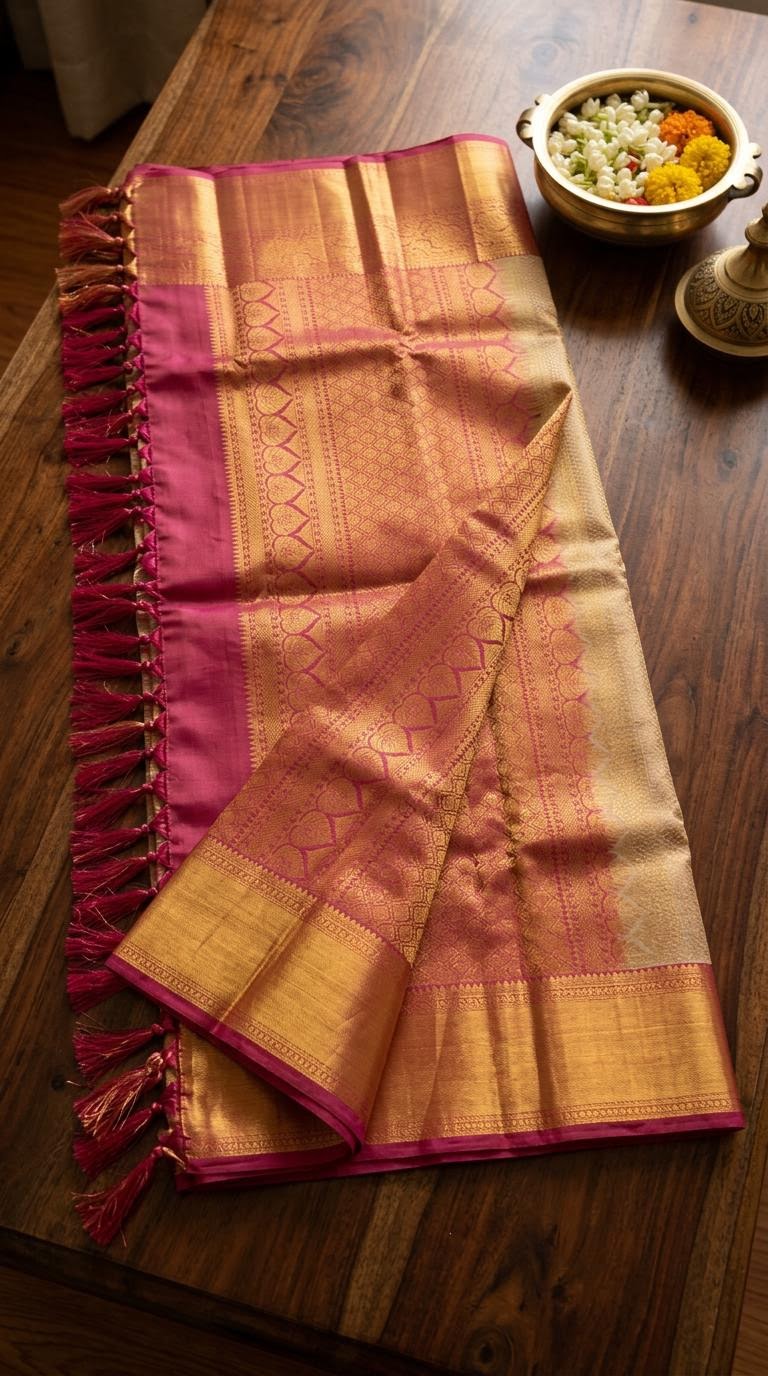 Cream and Magenta Floral Silk Mark Certified Kanchipuram Saree (blouse lining included)