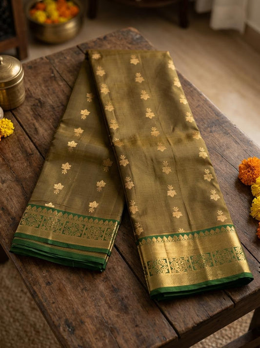 Olive Green and Forest Green Silk Mark Certified Kanchipuram Saree (blouse lining included)