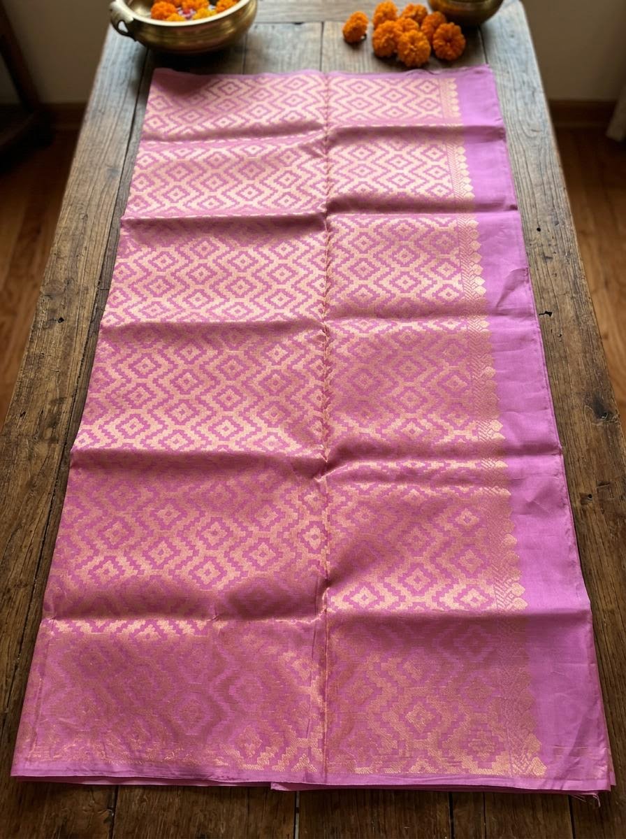 Cream and Lavender Floral Silk Mark Certified Kanchipuram Saree (blouse lining included)