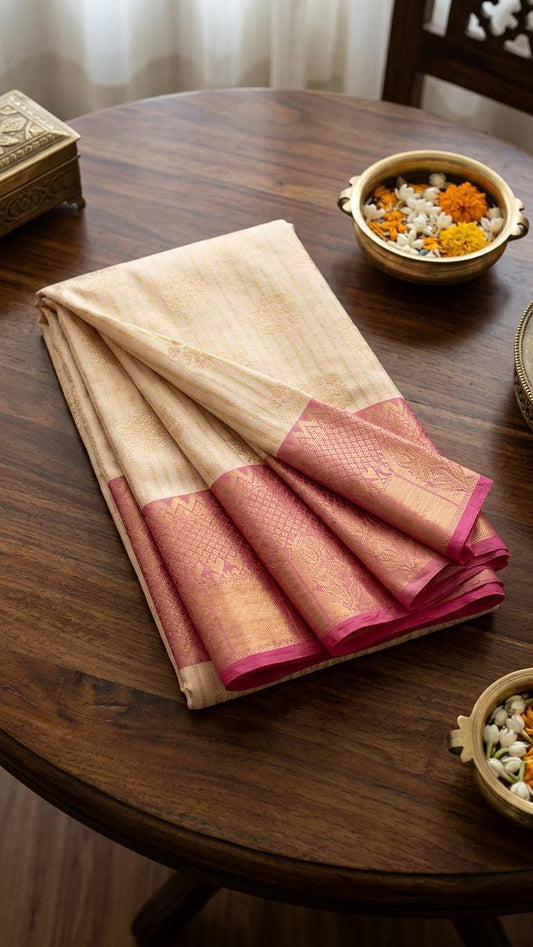 Cream and Pink Silk Mark Certified Kanchipuram Saree (blouse lining included)