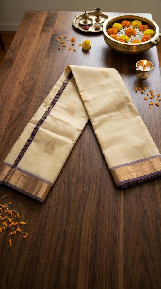 Cream and Purple Silk Mark Certified Kanchipuram Saree (blouse lining included)