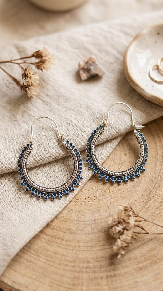 Royal Blue Beaded Oxidised Hoop Earrings