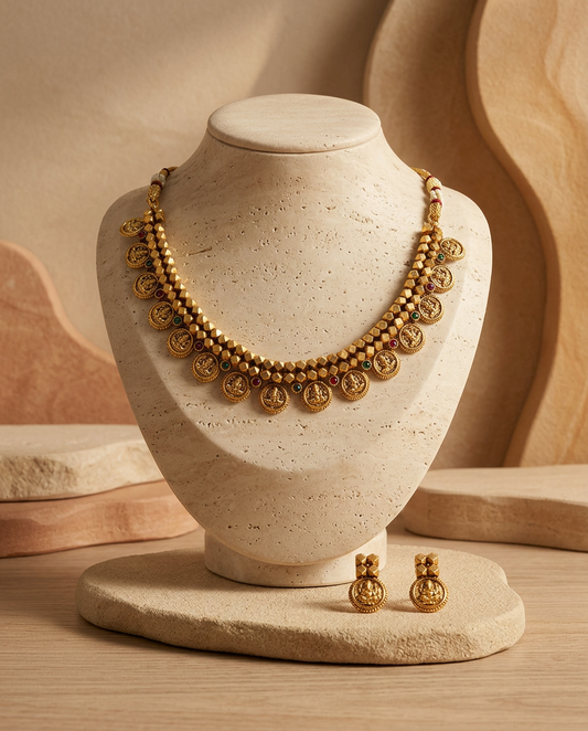 Antique Gold Geometric Bead & Lakshmi Kasu Mala Set