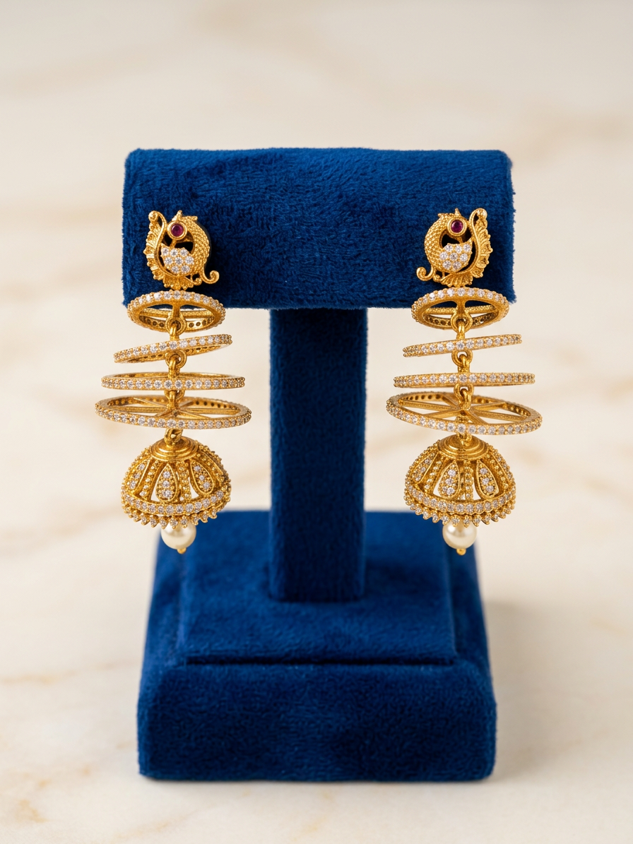 Gold CZ Peacock Spiral Hoop Jhumka Earrings