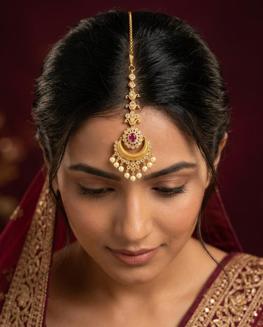 Textured Crescent CZ Maang Tikka with Pearl Drops
