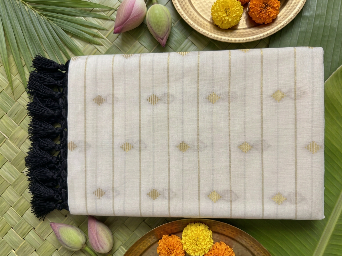 Tara Ivory & Gold Cotton Saree with Bold Black Tassels & Contrast Blouse