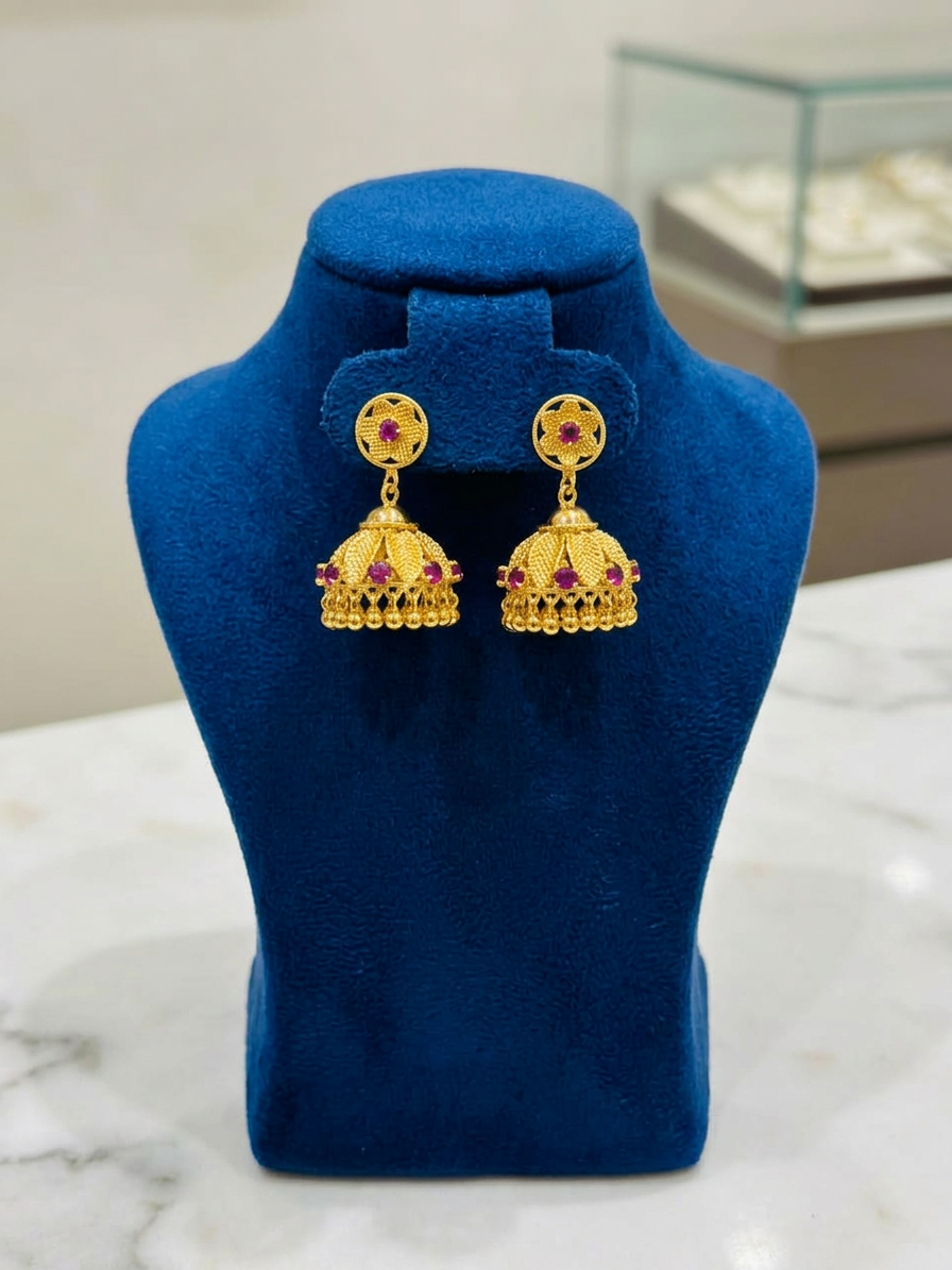 Traditional Antique Gold Floral Leaf & Ruby Jhumka Earrings