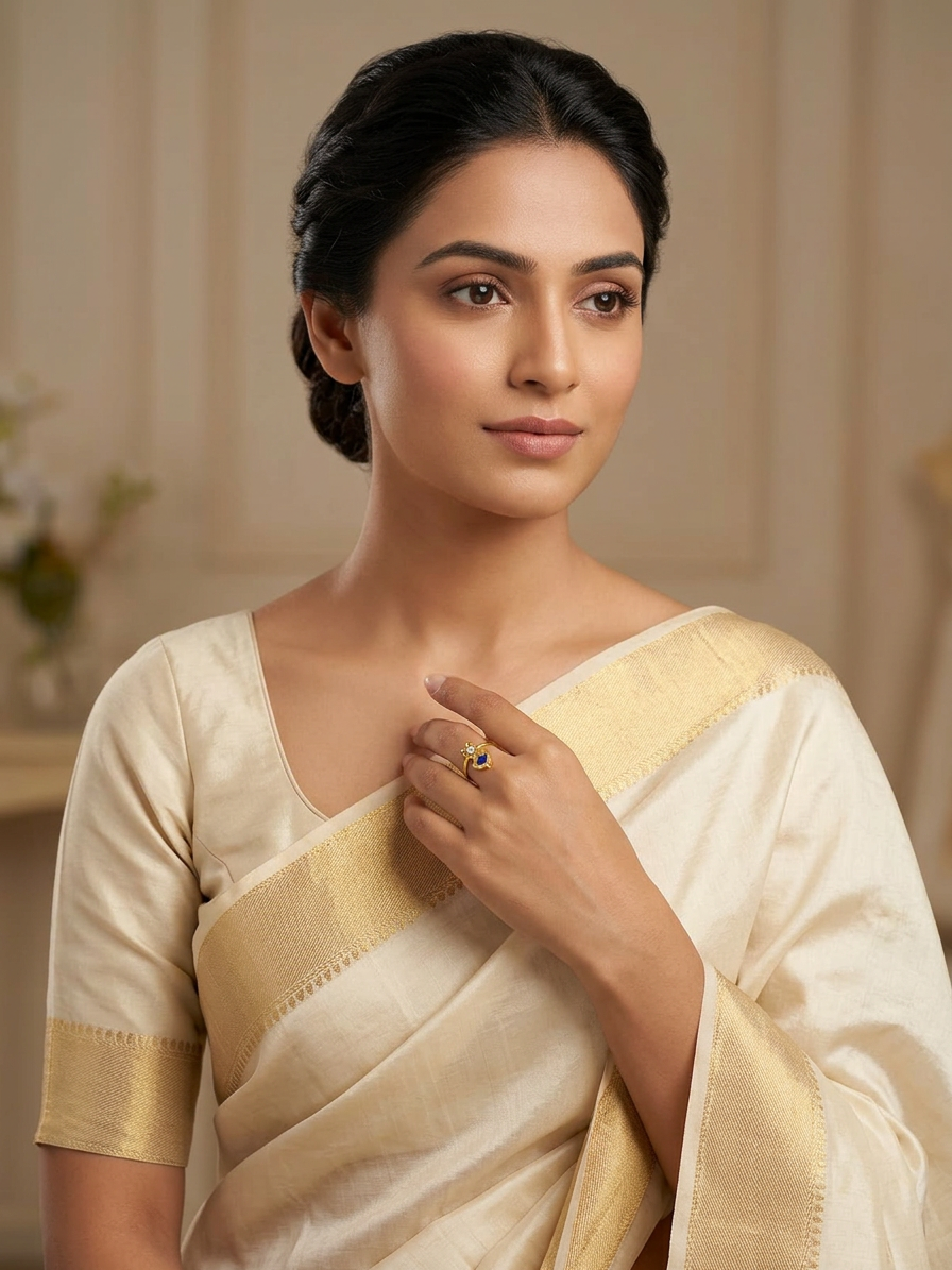 Gold Plated Traditional Kerala Palakka Motif Adjustable Finger Ring (Available in Green, Red, & Blue)