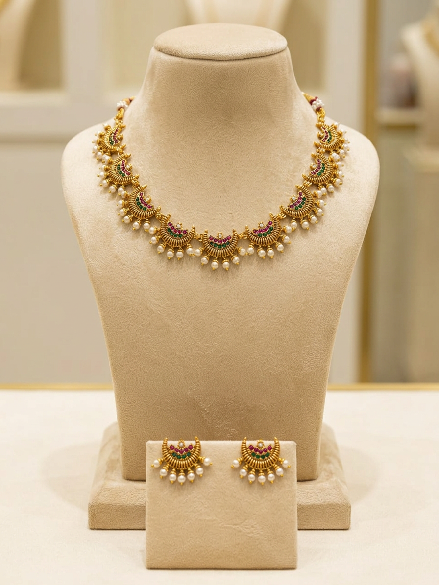 Traditional Antique Gold Crescent Kemp & Pearl Necklace Set