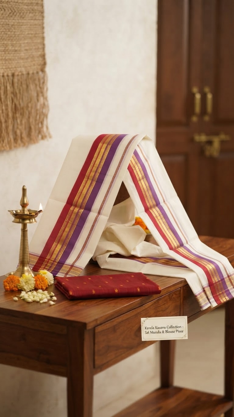 Premium Maroon & Purple Kasavu Set Mundu with Matching Blouse Piece