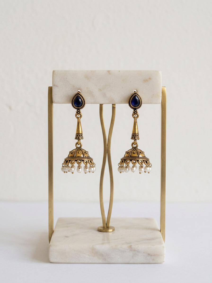 Teardrop Stone Antique Gold Pearl Jhumka Earrings