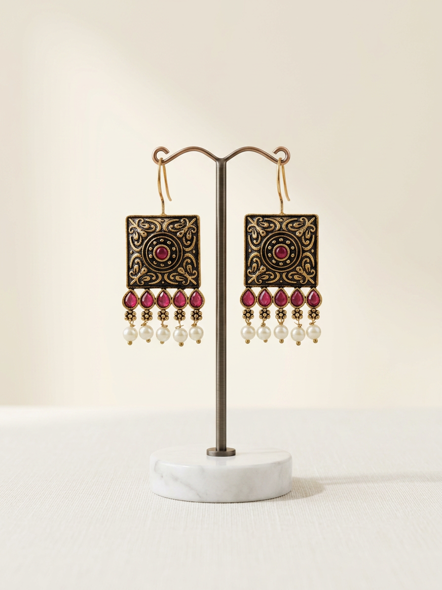 Square Carved Antique Stone & Pearl Wire Earrings
