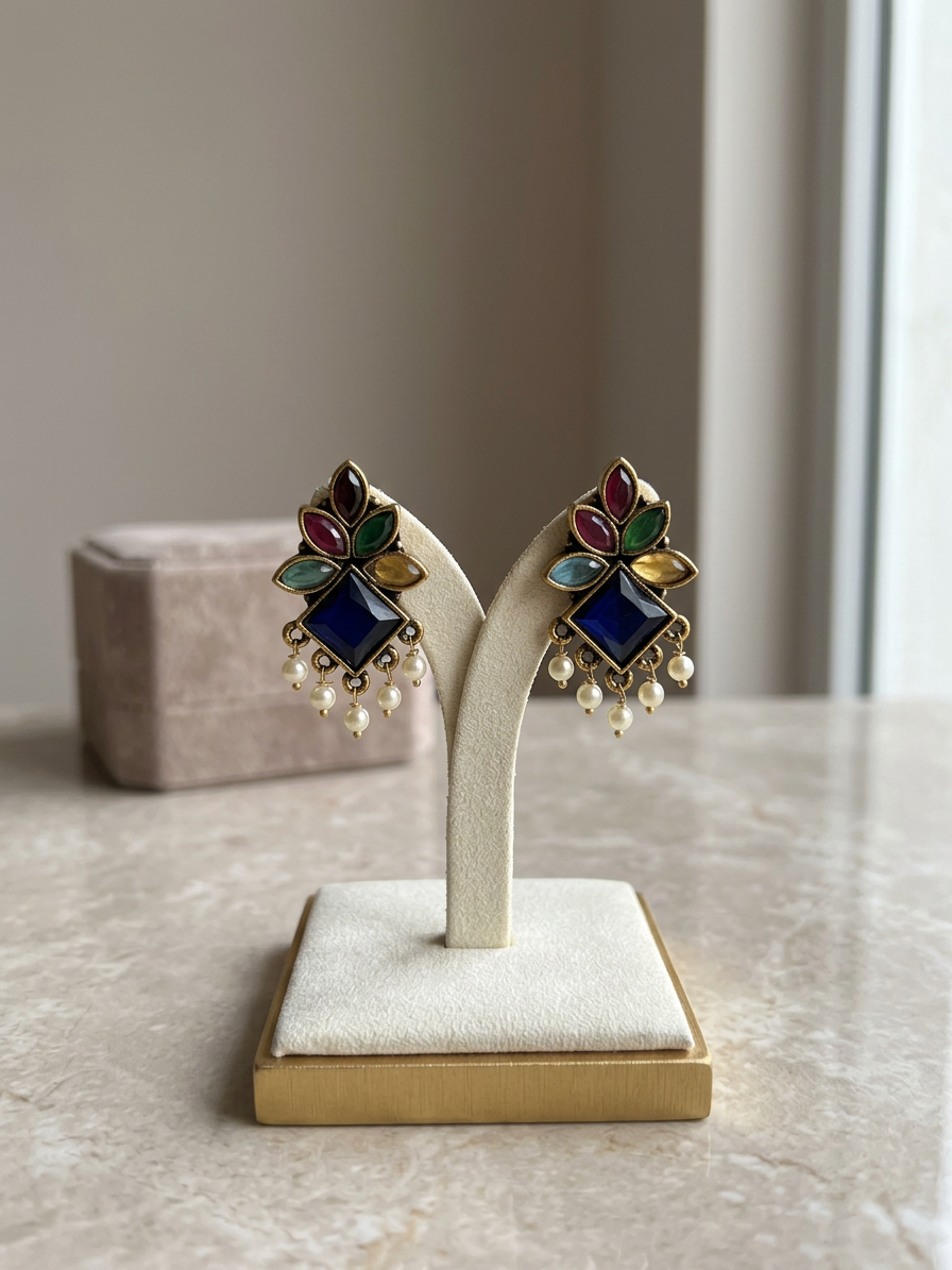 Geometric Diamond Stone & Pearl Antique Stud Earrings