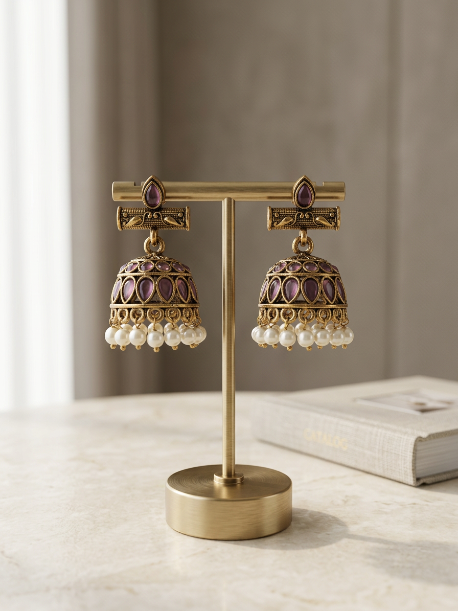 Aarohi Antique Gold Kemp Stone Jhumkas with Pearl Drops