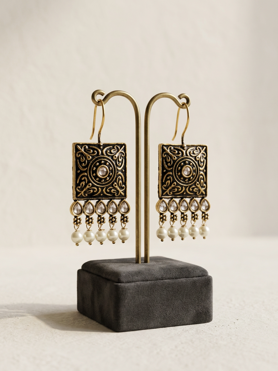 Square Carved Antique Stone & Pearl Wire Earrings