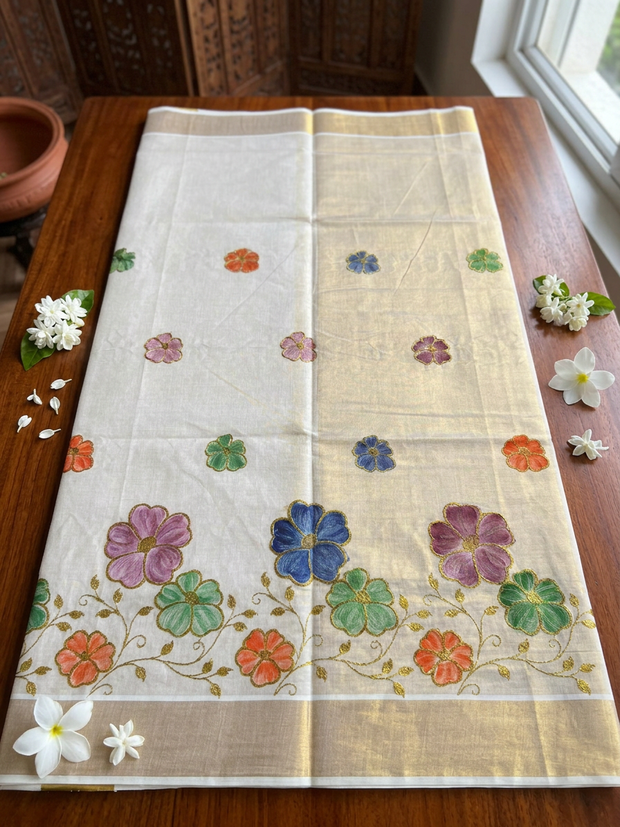 Floral Kasavu Elegance - Tissue Saree