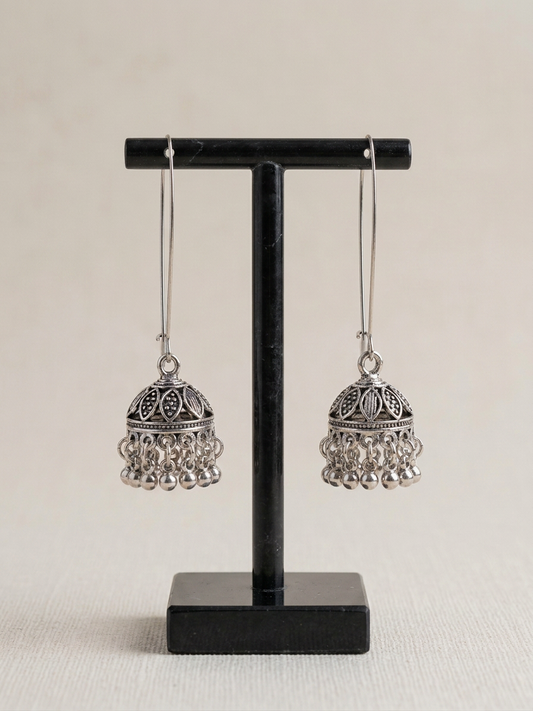 Classic Oxidised Silver Dome Long Wire Jhumka Earrings
